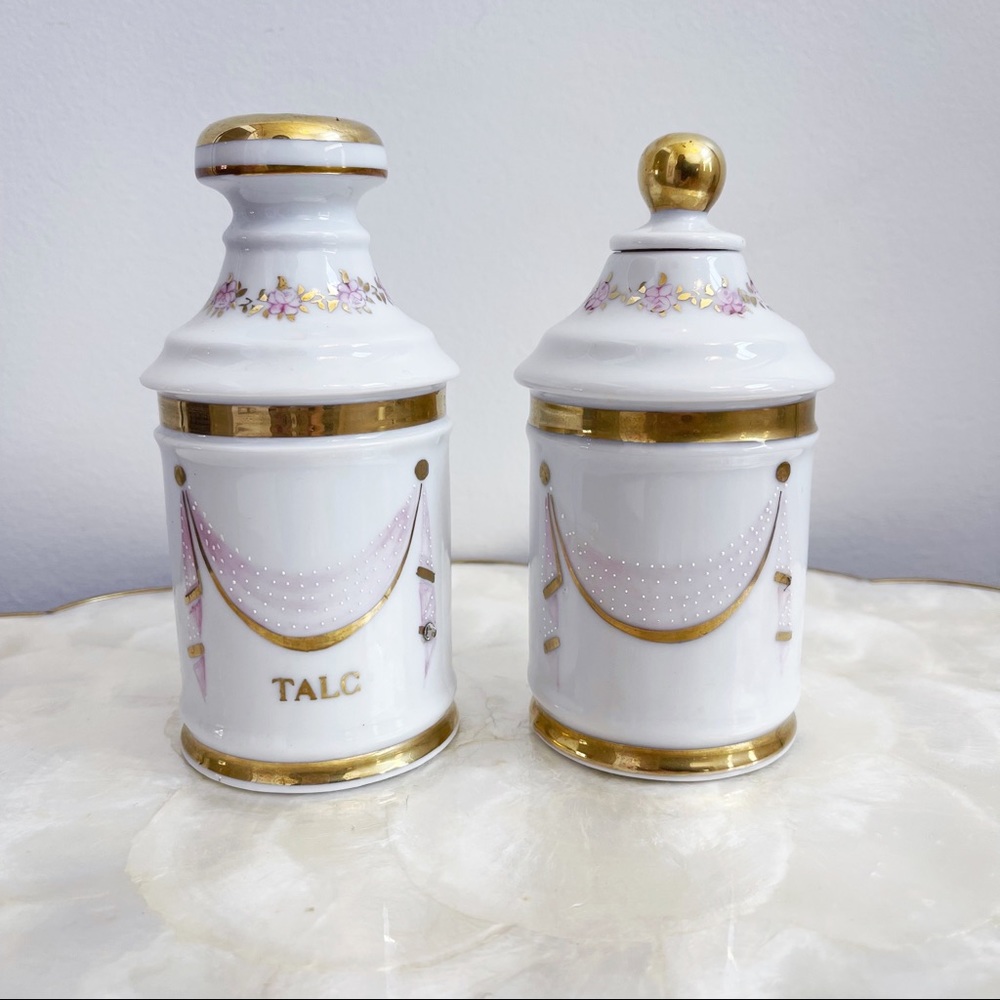 Vintage Porcelain White Pink Floral 24K Gold Trim Apothecary Jars Pair Vanity